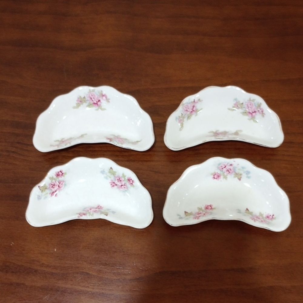 Dresden Semi-Porcelain China Floral Rose Crescent Dish, Set of 4 - Vintage!
